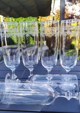 Lot 6 flûtes à champagne en cristal vintage, style Régence/Empire motifs volutes