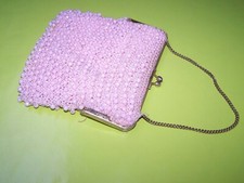 Bourse Sac Vintage Nylon Rose Perles Baby-Doll Ans 60 Sixties Cérémonie