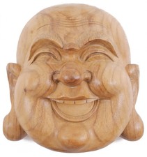 Masque du Bouddha rieur en bois exotique brut 20cm