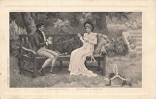 CP ILLUSTREE CADRE SCENE FILAGE PELOTE LAINE COUPLE SUR BANC - 22365