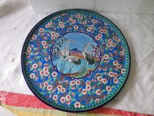 Ancien GRAND PLAT EN EMAUX DE LONGWY hérons cigognes 36 cm
