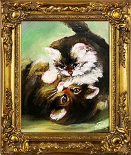 Chats - Peinture À L'Huile Peint à la Main Cadre Signé 34x30cm Mural Décoration