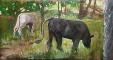 Tableau : Peinture à l'huile sur panneau "Vaches" signée Cousin  44Cm X 23 Cm