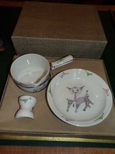 Ancien set de trois pieces enfant aluminite FRUGIER Limoges decor chat