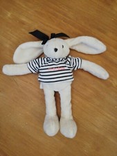 O / Doudou Peluche Marese Lapin Blanc T-shirt Rayé Bleu Marine Noeud
