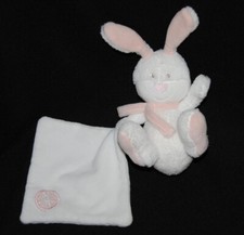 Peluche doudou lapin BABYSUN blanc rose mouchoir rond 13/20 cm assis TTBE