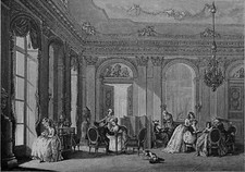 SALON ARISTOCRATIQUE (LOUIS XVI): JEU de SOCIÉTÉ, LECTURE ...etc.- Gravure 19eme