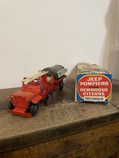 Ancien Jouet Tôle Jeep Pompier Mécanique Avec Remorque Citerne