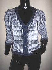 GILET EN TRICOT FEMME MAILLE MOYENNE BLANC ET BLEU PETROLE MANCHE 3/4 T:38/40