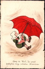 Carte peinte. Bécassine s'envole. Aquarelle. Vers 1910