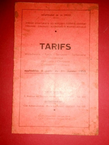 Tarifs maréchalerie forge