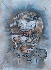 Tableau Portrait Fusain Georges Brassens  trompe l'oeil. Chansons.