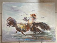 Huile sur toile, combat de coq signature à identifier