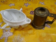 lot sauciére porcelaine vintage +monoG M +lampe pigeon cuivre10cm haut griffée