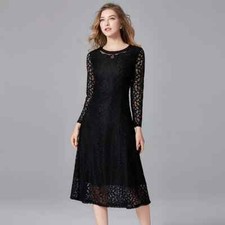 Robe Femme Jupe Longuette Vintage Mousseline Dentelle Noire Élégant Satin 39756