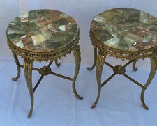 1970′ Paire de Sellettes en Bronze Doré Style LXV Plateaux Marquetterie D’Onyx