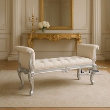 Panca Classique Baroque En Bois Argent Et Tissu Ivoire – Personnalisable Dans
