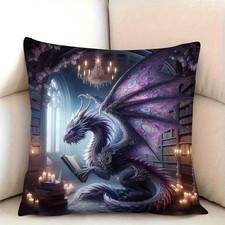 Housse de coussin DRAGON DE BIBLIOTHEQUE ET BOUGIES 45 cm DRAGON FANTASTIQUE