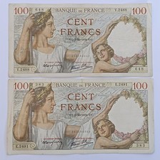 Lot billet ancien 100 francs 1939 Banque de France  Merson rare vintage banknote