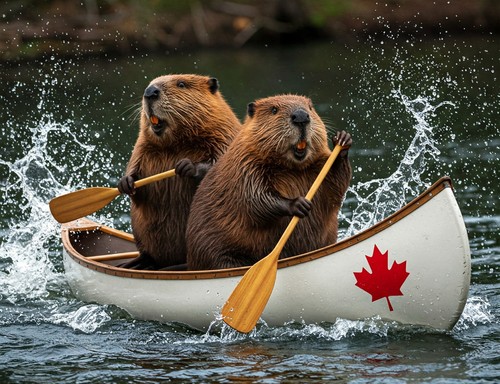 Two canadian beavers paddling - canadian,
