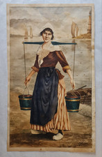 Tableau de 1916 par "SINO.." Aquarelle 45cm x 26cm. "La porteuse d'eau".