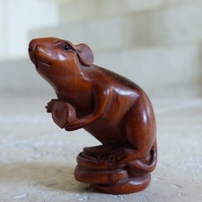 SUPERB VINTAGE JAPANESE WOOD NETSUKE RAT signed ISHIKAWA