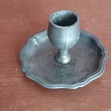 Bougeoir En Étain Pour Bougie Chandelle Avec Coupelle, Signé YR, Vintage