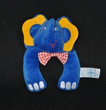Peluche doudou éléphant CHICCO bleu dentition grelot noeud à carreaux 16 cm TTBE