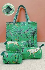 Indien Vert Tigre Matelassé Épaule Sac Coton Sac Avec 3 Articles de Toilette Set