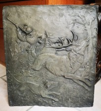 Vintage Plaque Tableau Signé J. Fichet Plaquage Étain Fin Scène Chasse Relief