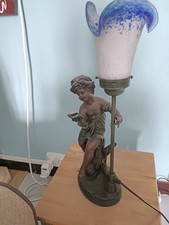 Lampe en régule avec abat jour en porcelaine Auguste Moreau