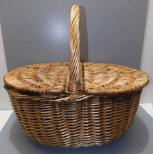 -ANCIEN GRAND PANIER à PIQUE NIQUE ou Marché en OSIER patiné à 2 COUVERCLES   D