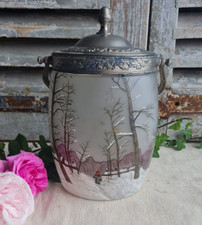 ANCIEN POT A BISCUITS EN VERRE EMAILLE LEGRAS NON SIGNE DECOR DE NEIGE