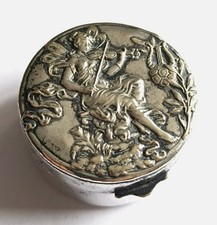 Boîte ronde ancienne métal argenté fée violon harpe art nouveau Celtic box Franc