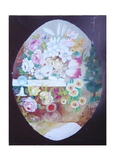 Tableau fleurs ancien ovale - À,