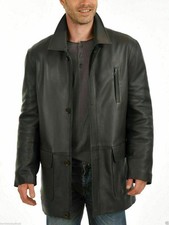 Veste mi-longue en cuir d'agneau véritable pour hommes noire manteau...