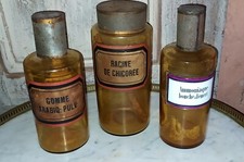 Série de 3 pots en verre ambré Apothicaire pharmacie 1 etiquette plaque émaillé