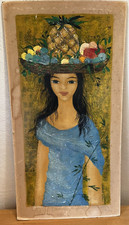 MARA TRAN LONG 1963 GOUACHE  ORIGINALE SIGNÉE: JEUNE FILLE  AUX FRUITS