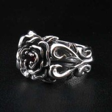 Bague rose grenat rouge en argent sterling 925 fleur femmes