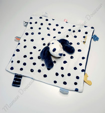 Doudou Plat/Mouchoir Carré Aston Chien Bleu Blanc Pois Attache Tétine  - Noukies