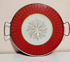 jolie plateau rond en verre et métal rouge blanc doré - vintage