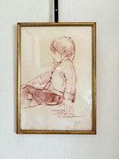 Ancien Tableau Dessin Fusain Sanguine Jeune Homme Enfant Ecolier