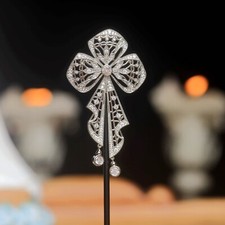 Broche Floral Dentelle Filigrane Ruban CZ Blanc Belle Epoque Style Rhodié SA11