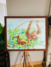 Tableau Houran-Outan huile sur toile contemporaine signée, cadre façon Bambou