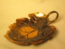 vintage leaf shaped tray small platter copper tone nature 6" x 4" footed dish