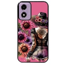 Coque noire pour Moto E14 tatoo rose