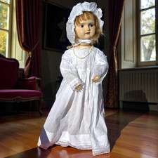 Antique French Large 25in 64cm Composition Doll Marked "J" Fixed Glass Eyes