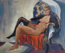 ANDRÉ REY XXe - GRANDE & BELLE TOILE - JEUNE FEMME NUE & LASCIVE, DANS UN SOFA -