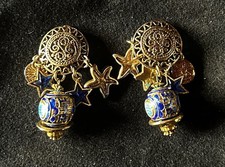 RARE SPLENDIDES BOUCLES CLIPS VINTAGE HAUTE COUTURE DORÉES ET ÉMAILLÉES BLEU 