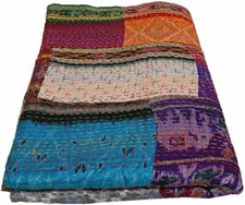 Couverture En Soie Vintage Patchwork Indienne Fait Main Kantha Double
